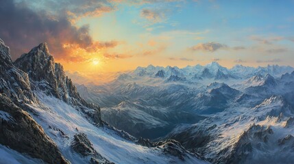 A painting of a mountain range with a sun in the sky