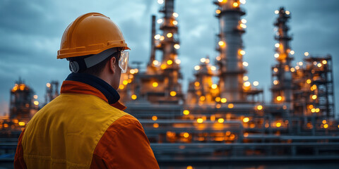 Industrial worker observing oil refinery operations at dusk industrial photography urban environment professional view