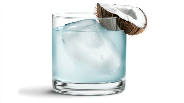 Light Blue Cocktail with Coconut Garnish on White Background