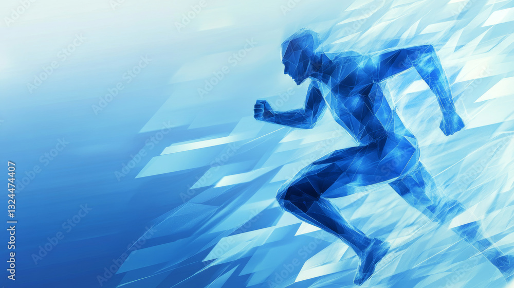 Poster running man from abstract polygonal blue. low poly man in motion