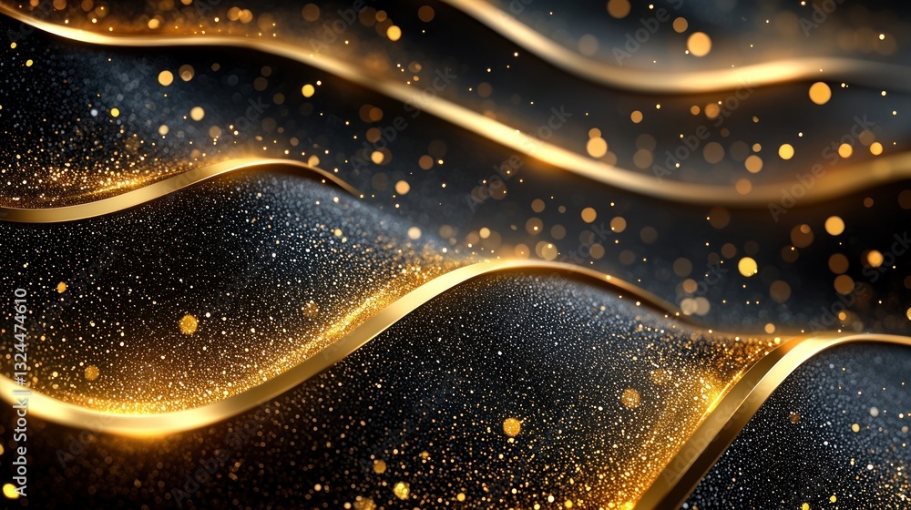 Poster elegant dark background with golden wavy lines and sparkling particles design