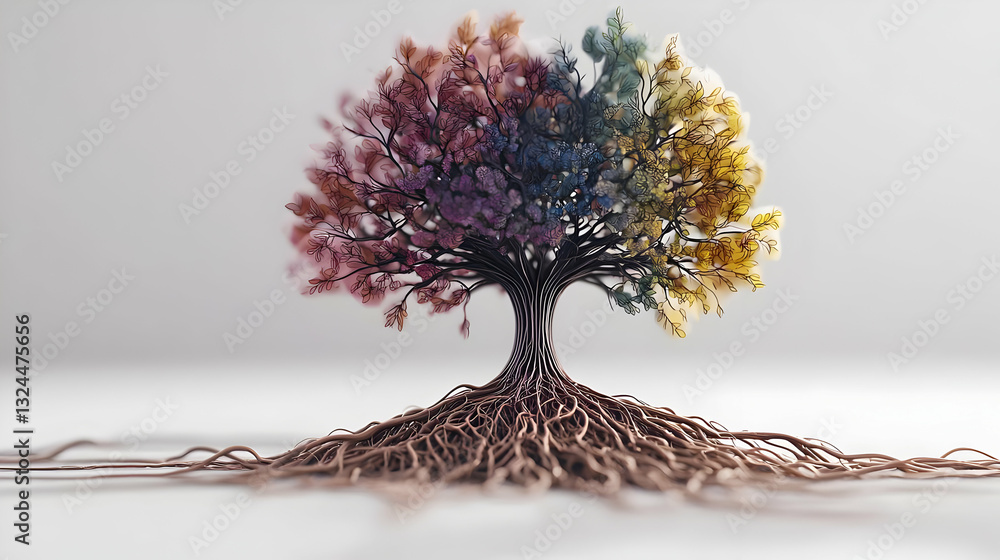 Poster detailed digital rendering of a colorful tree with roots extending across a white background