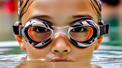 A young swimmer wearing goggles peers out from the water