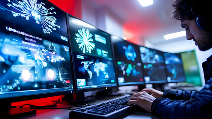 A person monitoring a system via multiple computer screens
