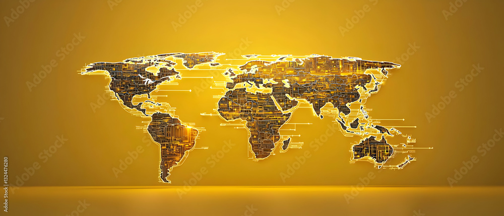 Poster golden world map with intricate detail on a yellow background with soft lighting
