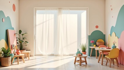 Fototapeta premium Bright and inviting creative art studio interior for children features colorful decor and cheerful furnishings. Concept showcases vibrant atmosphere, encouraging imagination and creativity