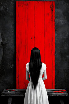 Book character portrait, mysterious mood, standing girl, red background, copy space
