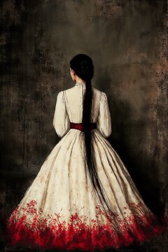 19th-century girl character, elegant mood, back view, vintage dress with red details, textured background, copy space