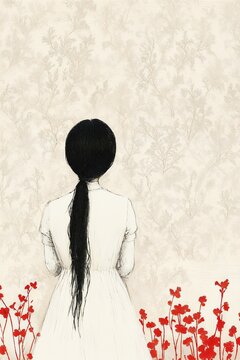 Book cover illustration, serene mood, girl in white dress, floral background, copy space