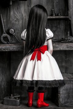 Girl in workshop, nostalgic mood, back view, red dress and boots, rustic background, copy space