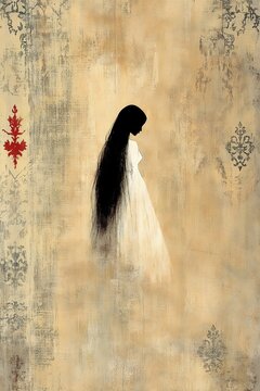 Ghost girl illustration, ethereal mood, silhouette, textured background for book cover, copy space