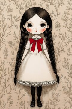 Doll portrait illustration, playful mood, girl with braids, patterned background, copy space