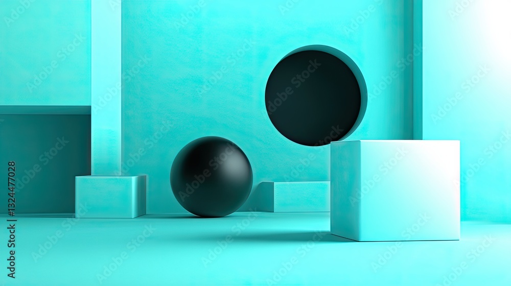 Poster abstract artwork composed of geometric patterns in striking colored contrasts and profound shadows
