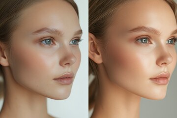 Portrait Young Woman with Flawless Makeup, Soft Light, Healthy Skin, Natural Glow, Elegant Beauty