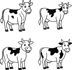 Fototapeta premium set of black and white cow line art coloring page 