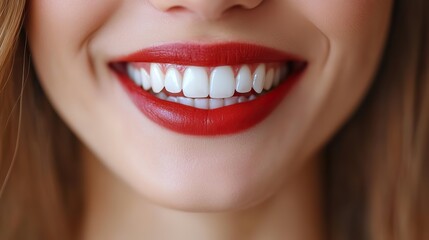 Fototapeta premium Close-up of a smiling woman highlighting white teeth, red lips, beauty, cosmetics, dental care, oral hygiene importance celebrated.