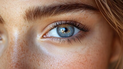 Obraz premium Close-up of a stunning female eye, long lashes, flawless makeup, grey iris, shaped eyebrow.