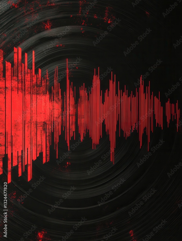 Poster vinyl record texture with dynamic soundwave ripples in red and black showcasing a rhythmic design fo
