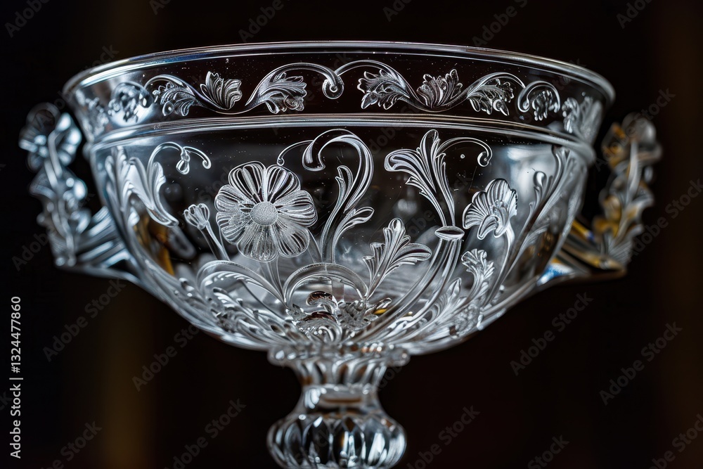 Poster intricate crystal vase with detailed patterns displayed against a blurred shimmering background in a