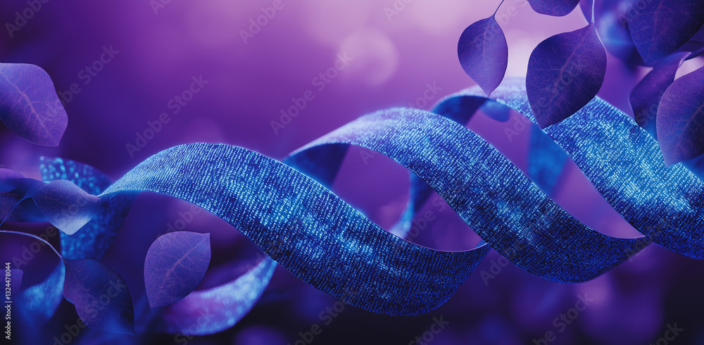 Poster blue ribbon with digital patterns – ai & blockchain in banking and nature, flowing data effect, bina