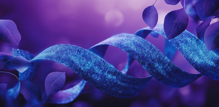 Blue Ribbon with Digital Patterns – AI & Blockchain in Banking and Nature, Flowing Data Effect, Binary Code Leaves, Abstract Tech-Environment Harmony on a Purple Background - Powered by Adobe