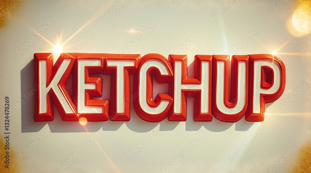Poster ketchup lettering in bold red font illuminated by a soft glow on a light background