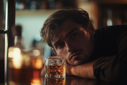 Brooding Man With Whiskey in Bar - Depression, Alcohol, Sadness, Relaxation, Drinking, Leisure, Handsome, Attractive, Depression, Male - Powered by Adobe