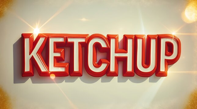 Ketchup lettering in bold red font illuminated by a soft glow on a light background