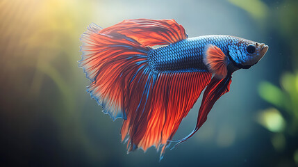 Realistic close-up animation of a betta fish swimming gracefully in a well-lit aquarium, its vibrant fins flowing elegantly 