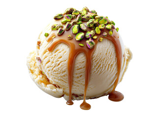 A refreshing scoop of ice cream topped with crunchy nuts and drizzled with rich caramel sauce for a sweet treat isolated on a white background.