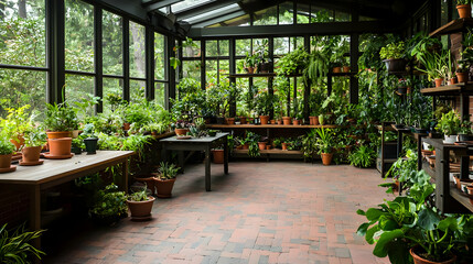Indoor Greenhouse Interior With Green Potted Plants On Brick Floor With Wooden Shelves And Tables Under Glass Windows