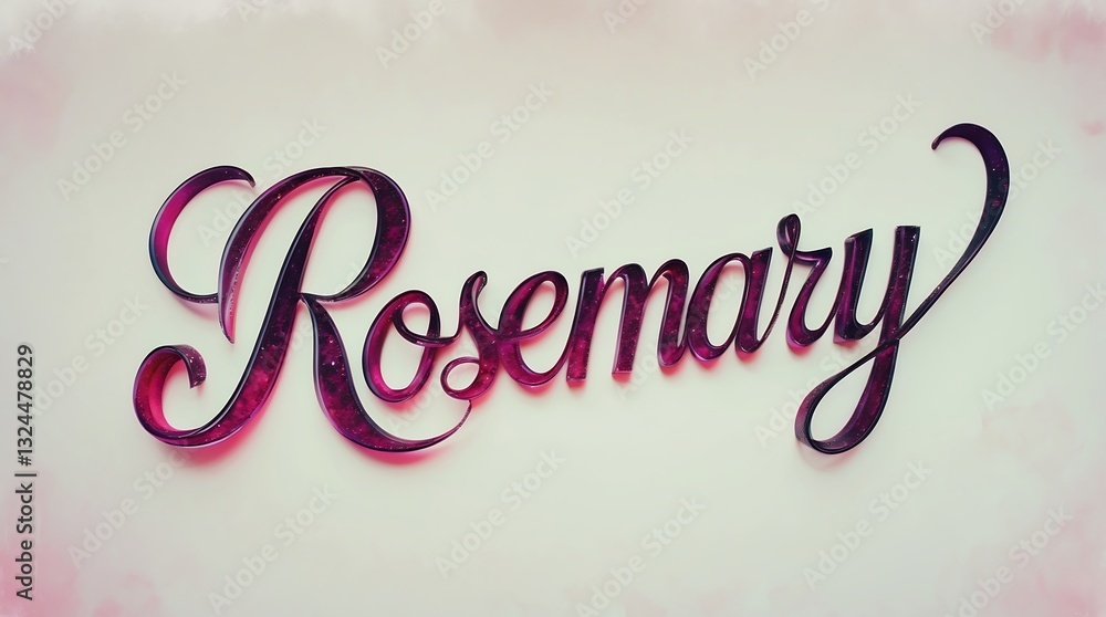 Poster artistic typography of the word rosemary in flowing script against a simple background