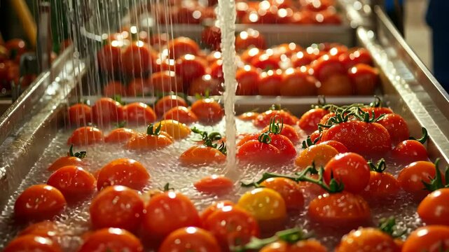 Fresh red tomatoes on conveyor belt under water spray for cleaning and sorting process