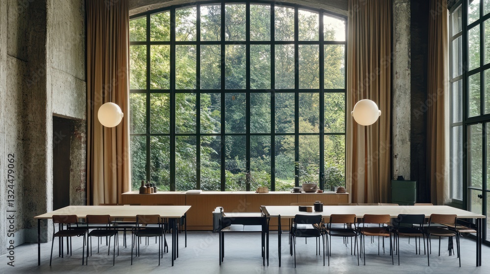 Poster large room with tables and a view of trees through windows