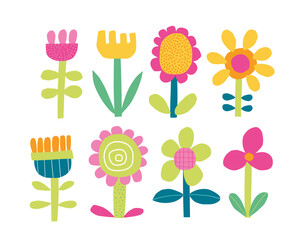 Stylized vector illustration of abstract flowers in bright blue, yellow, and pink. Modern botanical design with a minimal and Scandinavian aesthetic for nursery, kids, and decor.