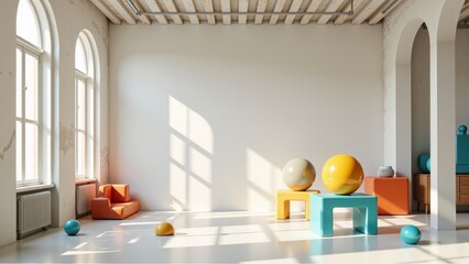 Bright, airy interior of mini superhero studio featuring colorful geometric shapes and playful furniture. Concept showcases vibrant mini superhero studio with unique design elements