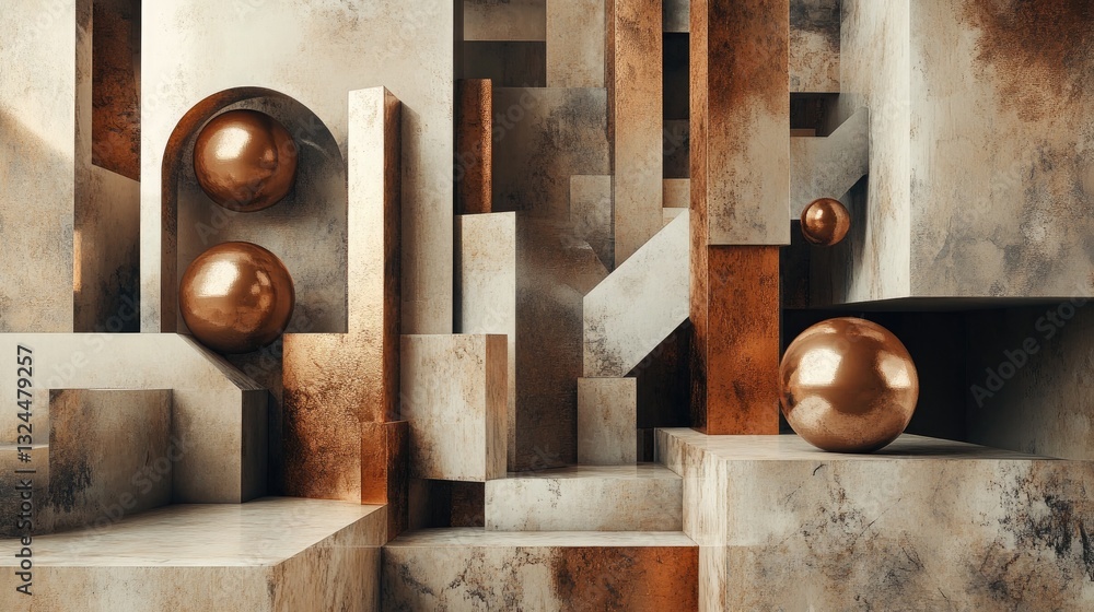 Poster abstract composition of metallic spheres and geometric stone structures in a modern architectural se