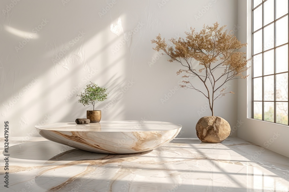 Poster refined marble backdrop complements a minimalist setup featuring greenery and soft shadows from gent