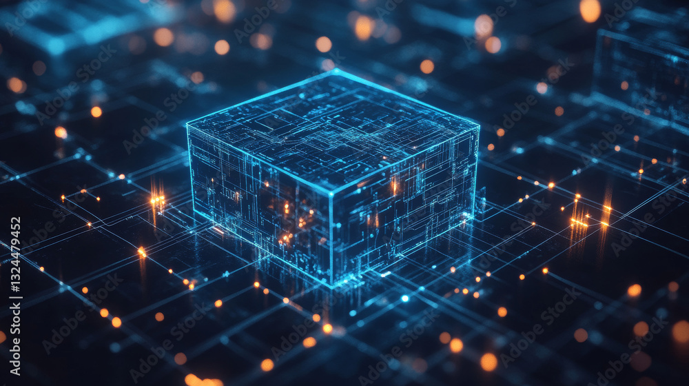 Poster abstract digital technology background. isometric ai chip with ai hologram with circuit tech bg. con