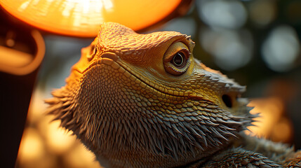 Fototapeta premium Realistic close-up animation of a bearded dragon basking under a heat lamp, its textured scales and spiky beard in sharp detail 