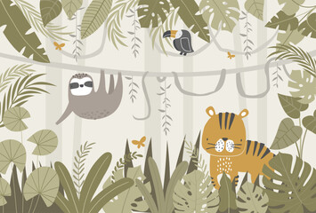 Vector illustration cute tiger, sloth, toucan, tropical leaves, jungle. Tropical wallpaper for children's room. Kids room design, wall decor. Mural. Wall art. African. Safari. © ZHUKO