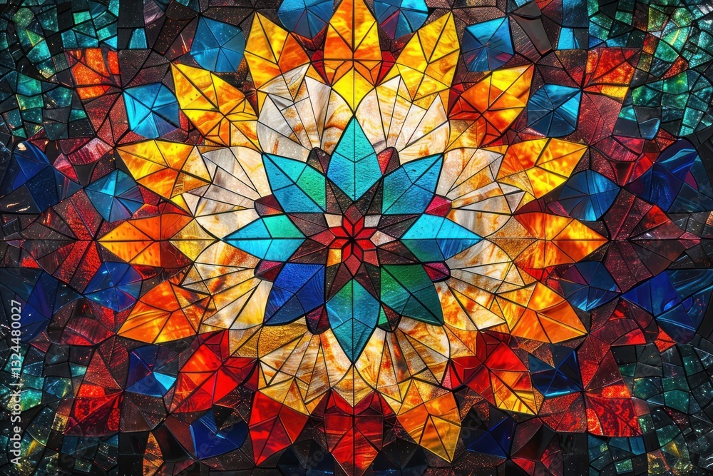 Poster a vibrant stained glass mosaic features intricate geometric patterns in soft, diffused light
