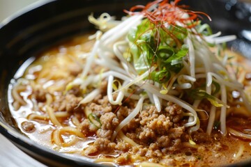 Savory bowl of ramen with ground pork, fresh bean sprouts, and green onions served in a black bowl