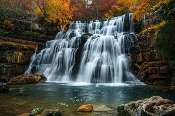 Obraz premium Majestic waterfall cascading over rocks surrounded by vibrant autumn foliage in a serene natural setting