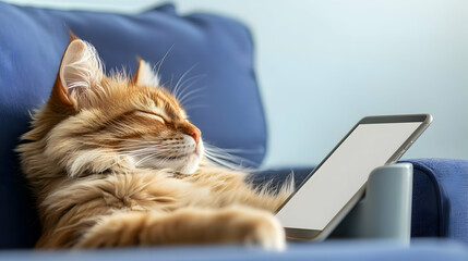 An orange cat is relaxing while next to a tablet device