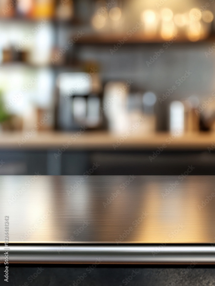 Poster steel table top with blurred empty kitchen background can be used for mocking up or display product 