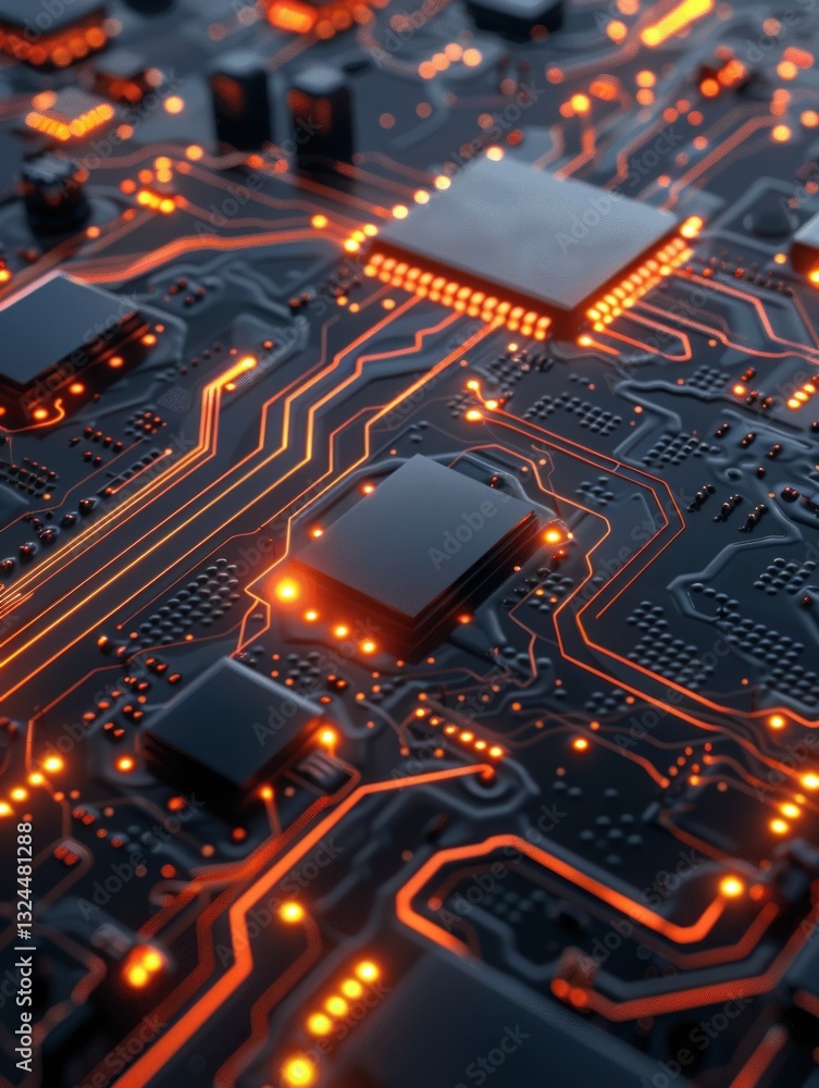 Poster modern circuit board features glowing lines and intricate patterns illuminated by soft, moody lighti