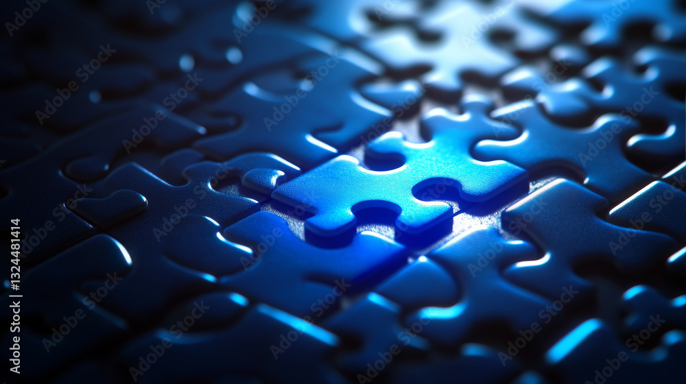 Poster abstract desktop and jigsaw puzzle on screen. business solution concept on dark background. monochro