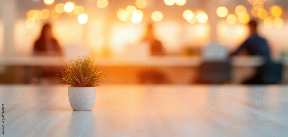 Poster small potted plant on table in modern workspace, with blurred figures working in background, creating warm and inviting atmosphere