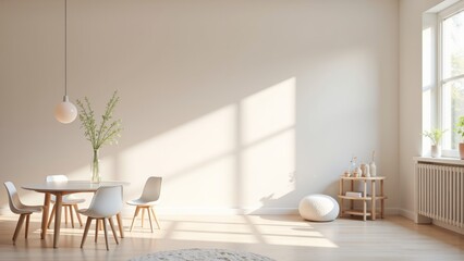 Spacious interior showcasing minimalistic design with table, chairs, and decorative elements in soft lighting, ideal for mini superhero studio. Concept focuses on mini superhero studio